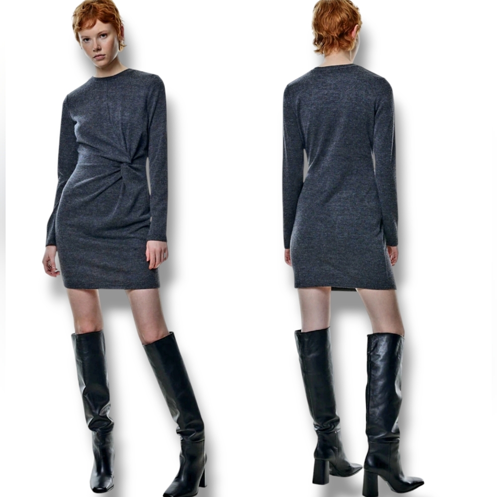 DYNAMITE Women's Gray Textured Knit Knot Detail Bodycon Mini Dress